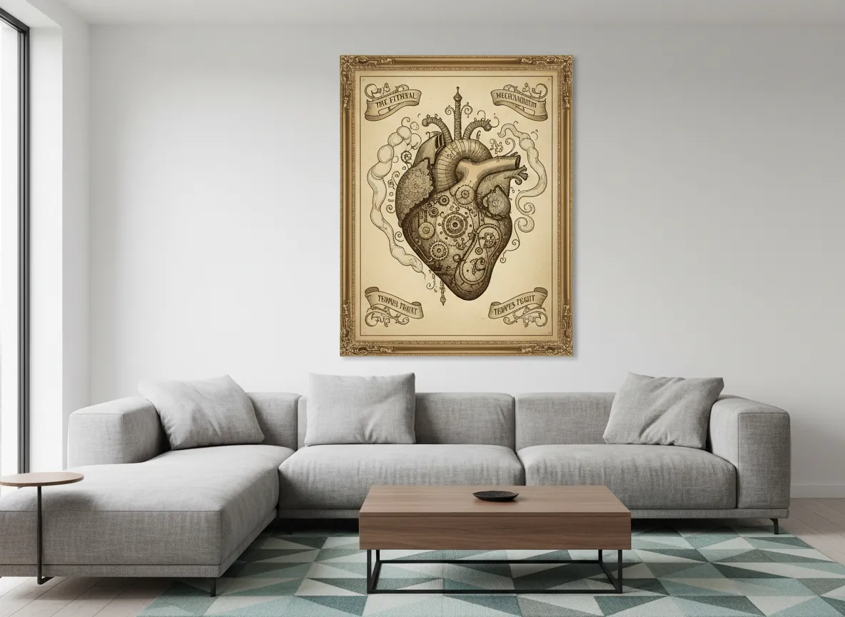 Un'immagine generata da IA di un soggiorno moderno con un grande manifesto Victorian Steampunk incorniciato di un cuore a orologeria appeso al muro.