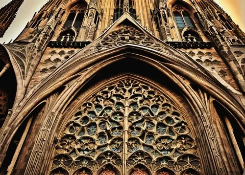 Gothic cathedral, Barcelona, Spain, intricate stone carvings, ornate facades, pointed arches, ribbed vaults, stunning stained glass windows, towering spires, grand entrance doors, detailed gargoyles, 