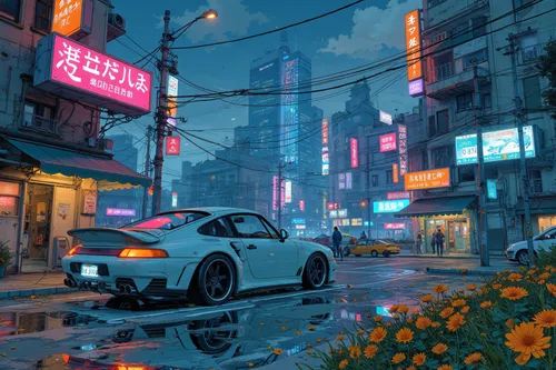 a car that is sitting on a wet street,cyberpunk,neon arrows,cityscape,colorful city,neon,outrun,shanghai,rainy,urban,aesthetic,dusk,world digital painting,street canyon,city corner,neon sign,neon coff