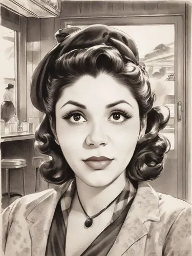 a pencil drawing of a lady with her hair pinned back,retro woman,mutahida,vintage female portrait,madhubala,lupino,shirley temple
