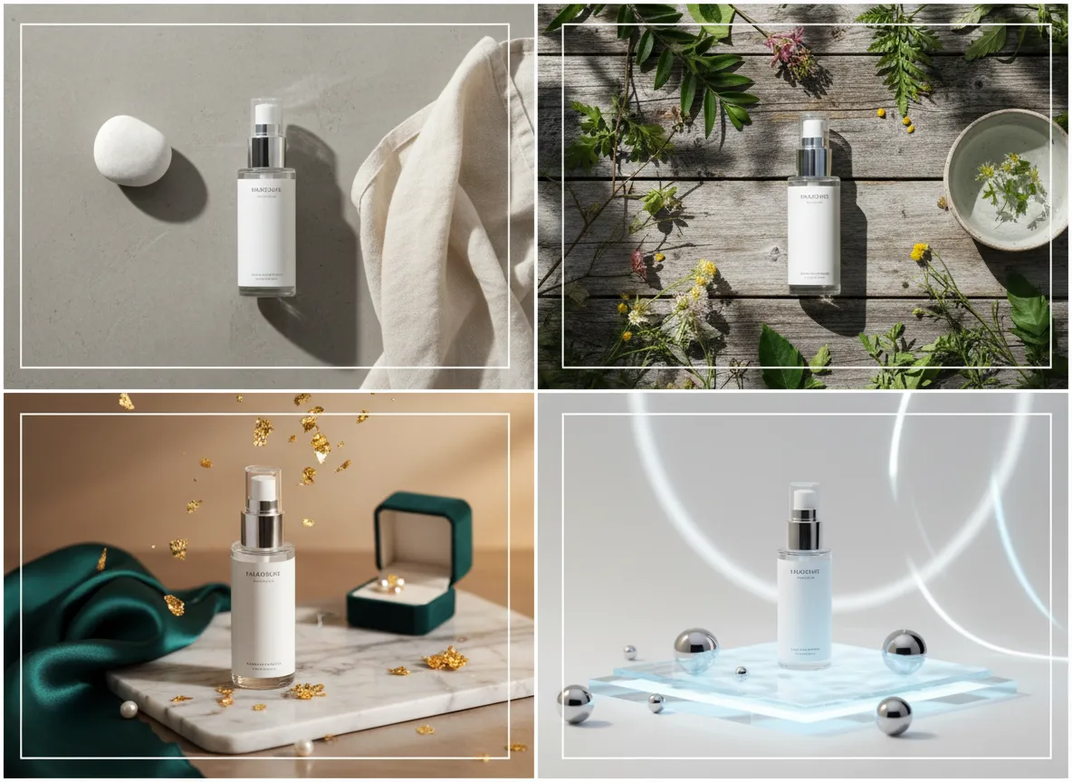 एक ही स्किनकेयर बोतल के लिए चार अलग-अलग AI फ्लैट ले शैलियों का एक ग्रिड, जिसमें मिनिमलिस्ट, बोटेनिकल और लक्ज़री थीम दिखाई गई हैं।