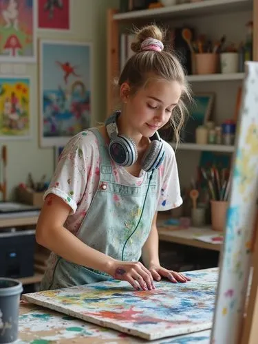 A teenage girl in an art studio, her hands covered in paint as she works on a large abstract canvas. She’s wearing a smock splattered with color, headphones around her neck, and her hair tied up in a 