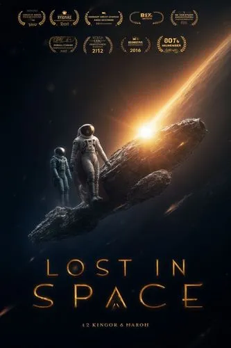 Poster for the inspirational film "Lost in Space." The poster features a cinematic view of pitch-black space with hints of distant stars dotting the dark surroundings, with a majestic, intricately des