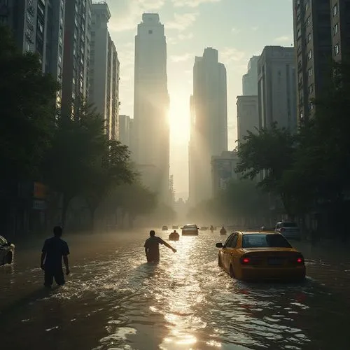 Extreme level view of flood in a city, vehicles are floating in the water, peoples walking through the water and passing through water using small boats, dirty water, hard situation,some cars a person