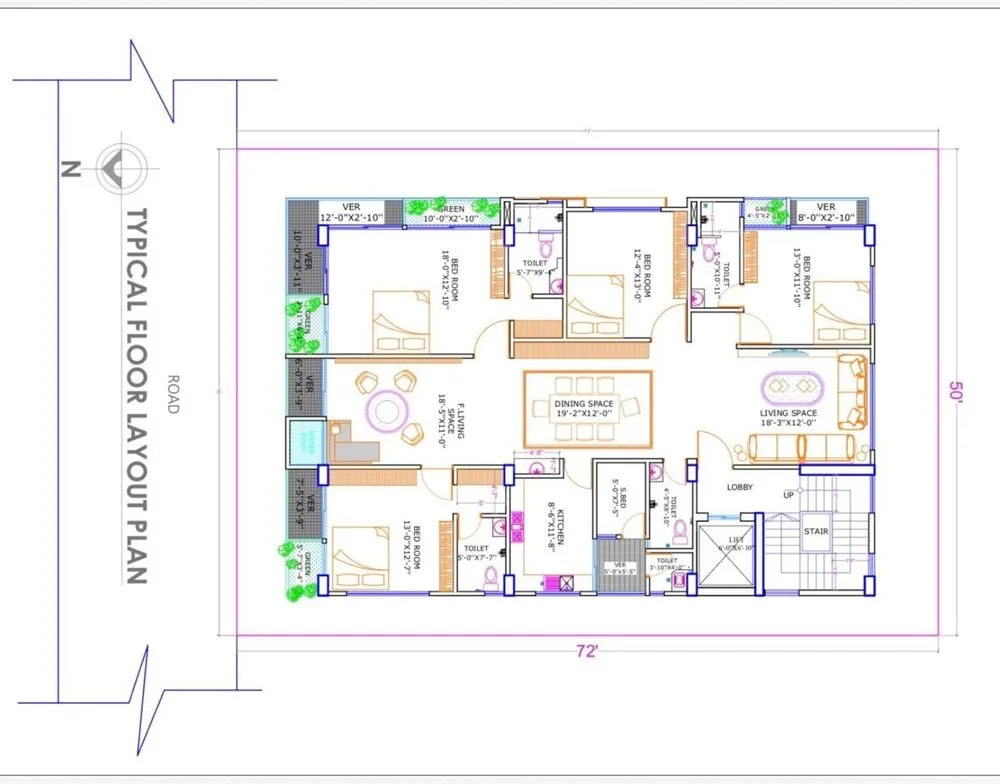 4 bed attached bath floor plan