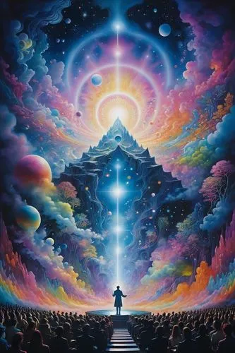 human performing alchemy, psychedelic painted by Shusei Nagaoka, 4 corners of universe coming together,a man stands on steps in front of an enormous, colorful painting,ascension,televangelism,astral t