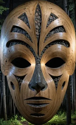 a carved wooden mask with many circles in it,wooden mask,totem,anonymous mask,wood carving,totemic,wood art