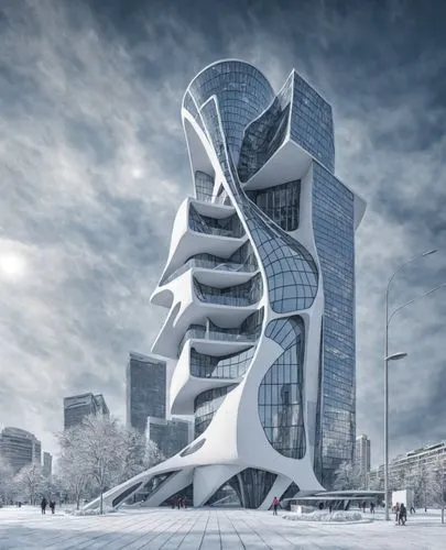 architecture po series with snow scene in the foreground and sky above,morphosis,futuristic architecture,azrieli,libeskind,futuristic art museum,bjarke,Season,Winter
