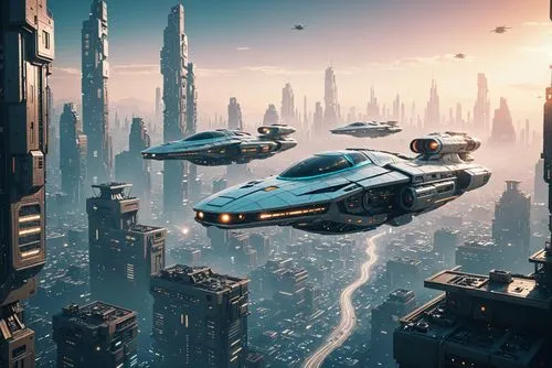((a fleet of futuristic spacecraft jets hovering over an Ecumenopolis City)), 8k resolution, retro vibe,1980s Photo,Mangaka style,Muted Retro Colors Anime,retro50s_style,Commercial Photography,car,hig