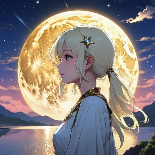 ((The pale yellow moon of a supergiant star))((A girl who looks up at her profile and is subjectively depicted))、((Crying girl))、Profile Girls、On a multicolored background、Painting of a river with sta