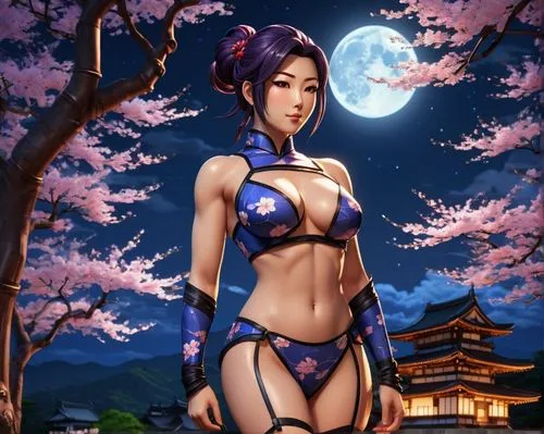 Only generate images in high resolution, 4k, pixar 3d style. Show the whole body, front and back view. Create a kunoichi, female ninja with sexy thong, must look like the character Electra from Marvel