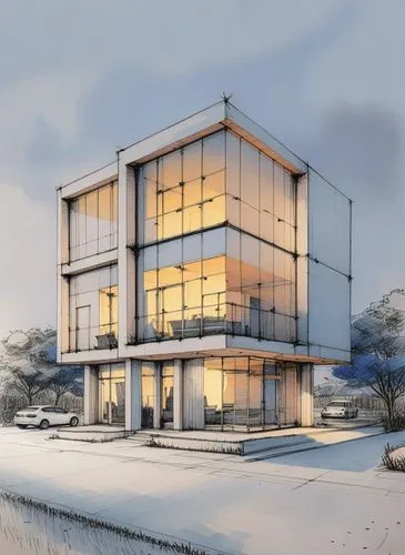 a sketch or illustration of a modern house on an icy day,modern house,renderings,3d rendering,modern architecture,revit,contemporary,glass facade,modern building,house drawing,penthouses,cubic house,s