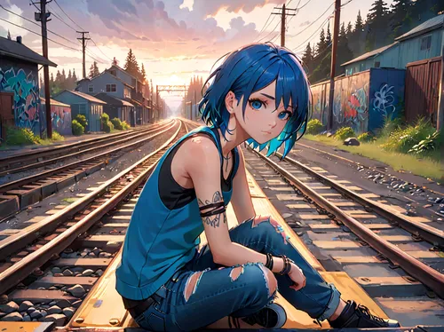 teenage girl, Chloe Price, blue hair, punk style, black tank top, ripped jeans, leather bracelet, rebellious pose, sitting on train tracks, Arcadia Bay, Oregon, graffiti, abandoned buildings, overcast