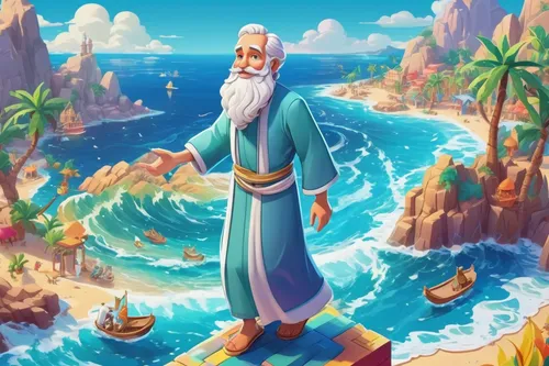 In the colorful, 3d style of Dysney, Moses, old wise white bearded man, wearing a thobe, parting the waves of the sea, vibrant colors, childrens illustration book style characters, 8k, high quality,go