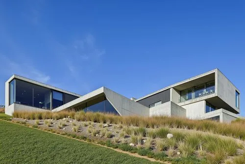 A contemporary house built into a hillside, featuring angular concrete forms, large glass walls, and a green rooftop, blending seamlessly into the natural landscape under a clear blue sky.,two large m