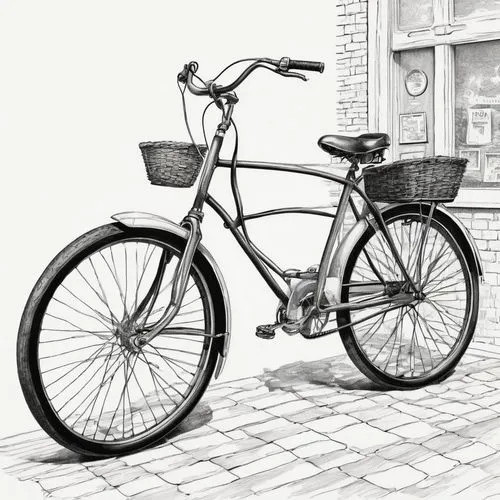 A black and white ink drawing of a classic-style bicycle, rendered with a slightly sketchy, hand-drawn aesthetic. The bicycle is shown in a three-quarter view, angled slightly to the right. The bicycl