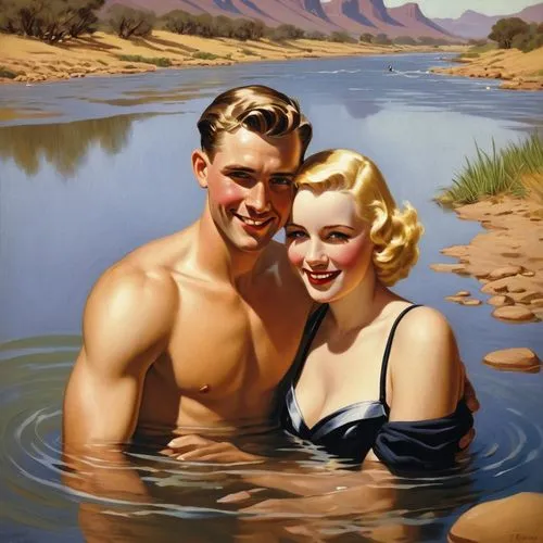 una bella mujer rubia de 30 años y su  marido de 30 años de pelo corto castaño y liso nadan y se abrazan alegremente en un rio solitario de sudafricano en 1931,the blonde in the river,radebaugh,vintag