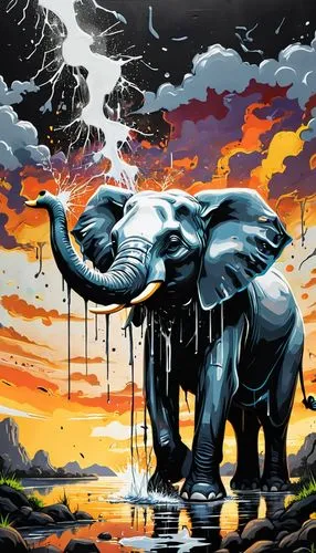 ((Lindo cartoon elefante branco num lindo lugar  pintada num mural de um prédio)). Sunset and lightning with lots of black leopard.This transformation is captured in high-definition. depicting surreal