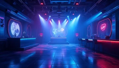 Vibrant nightclub, dark blue walls, strobe lights, pulsing lasers, flashing LEDs, fog machines, misty atmosphere, dynamic lighting systems, color-changing ceiling, DJ booth, stage lighting, dance floo