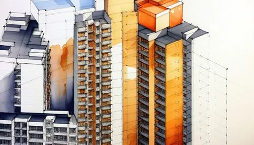 buildings are shown painted on the side of a paper,escala,condominia,hodara,skyscraper,high-rise building,skycraper