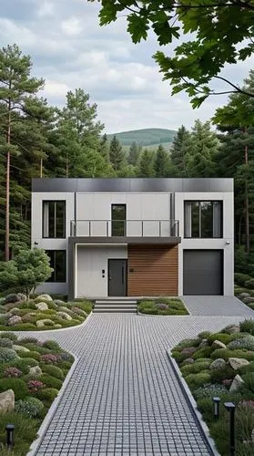Transform the modern country house into a high-tech style with porcelain stoneware and wood plastic materials. Ensure the house is located in the forest with a background of a gentle hill. The path in