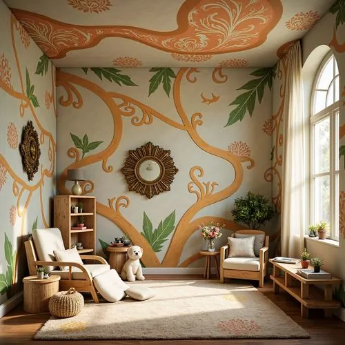 Whimsical kid's room, Art Nouveau style, undulating wall patterns, flowing organic shapes, sinuous lines, vibrant colors, decorative stencils, ornate mirrors, beveled glass, natural materials, wavy wo