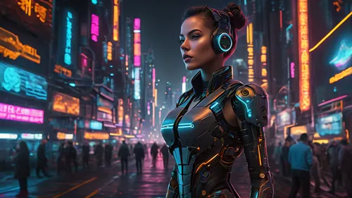 In a neon-lit cyberpunk city, a woman android strides confidently towards the camera. Her mechanical innards are visible, showcasing intricate gears and circuits. The cityscape behind her is a labyrin