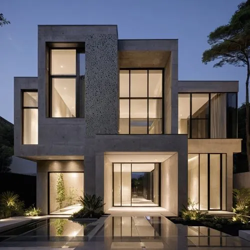 Modern building facade design with concrete and black stone, featuring large glass windows and enhanced by nighttime lighting. The exterior includes white and gray stone paving, lush gardens filled wi