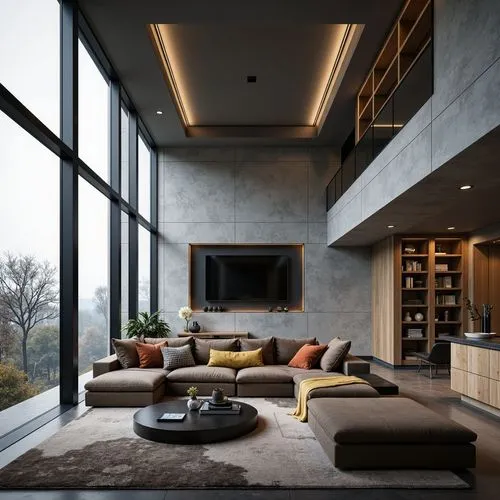 Streamlined modern living room, sleek low-profile furniture, minimalist decor, monochromatic color scheme, polished metal accents, luxurious velvet upholstery, curved lines, geometric shapes, wall-mou