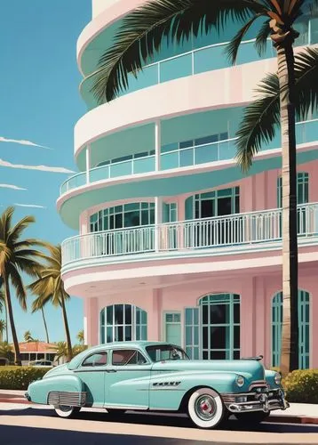 Miami beachside, Art Deco style building, pastel color palette, ornate geometric patterns, intricate metalwork, curved lines, luxurious, tropical, palm trees, bright sunny day, clear blue sky, reflect