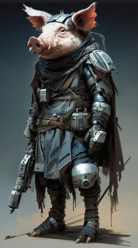 character picture of a humanoid war pig in futuristic warchief clothing,pig,suckling pig,boar,hog,porker,pot-bellied pig,domestic pig,mini pig,kawaii pig,pig dog,inner pig dog,hog xiu,swine,piggy,pork