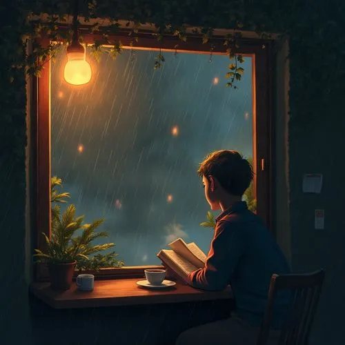 Draw a person sitting by a café window, reading a book or looking out the window. Add details like steam rising from a coffee cup under dim lighting or a window with rain running down it to create the