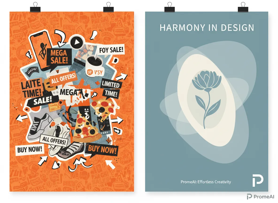 एक अव्यवस्थित पोस्टर बनाम संतुलित संरचना और प्रभावी नेगेटिव स्पेस वाले PromeAI-जनित संस्करण को अगल-बगल दिखाते हुए तुलना।
