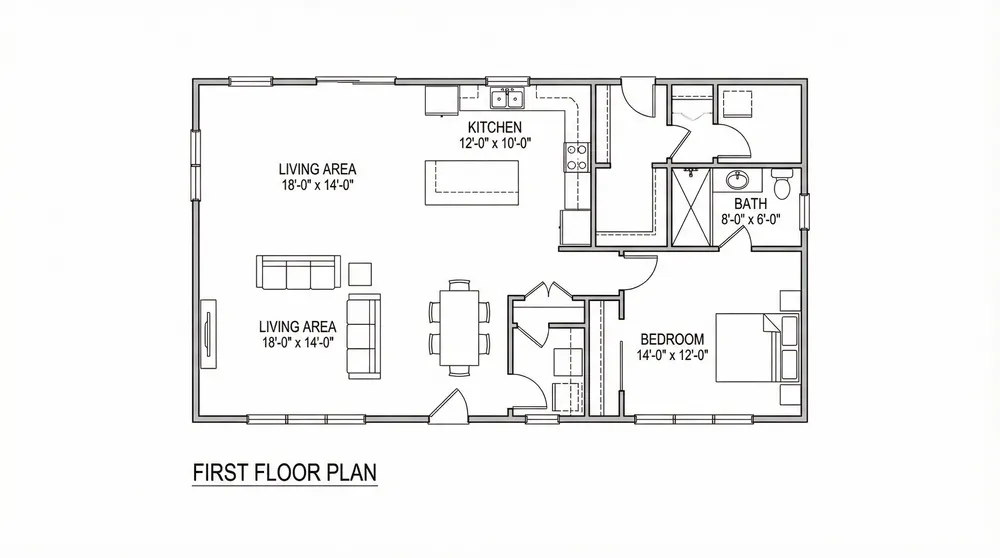 an outline drawing shows the floor plan for a house with an upstairs bedroom and bathroom