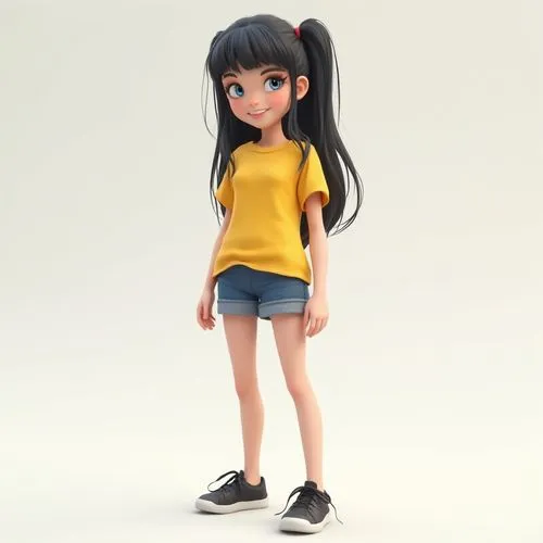 3-d cartoon image of a yang Western European girl with blue eyes full-length with long black straight hair wearing a yellow t-shirt, blue shorts and black sneakers,a  is standing on a white background