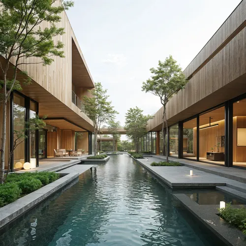 A balanced design that merges Japanese-inspired minimalism with modern aesthetics, emphasizing simplicity and harmony with nature,the large pool has been lined with trees and plants,amanresorts,suzhou