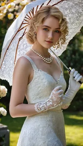 Girl, Anna Lightwood, solo, (18yo), bright blue eyes, gentle smile, curly blonde hair, light freckles, elegant white dress, lace gloves, pearl necklace, holding a parasol, standing, garden, villa, sun