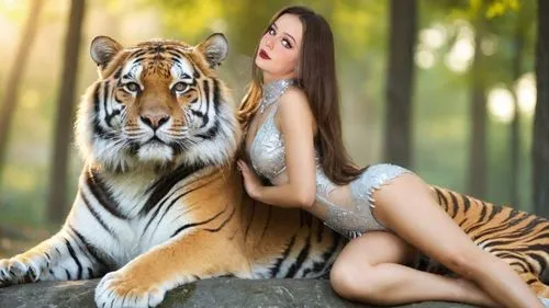 ДЕВУШКА. 
сидит верхом на гигантском тигре,an attractive woman with her arm on a tiger,exotic animals,wild animals,tiger,tigresses,white tiger,a tiger,forest animals,fantasy picture,she feeds the lion