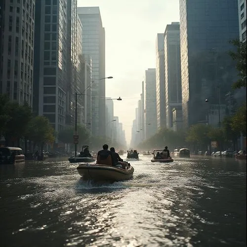 Extreme level view of flood in a city, vehicles are floating in the water, peoples walking through the water and passing through water using small boats, dirty water, hard situation,a boat filled with