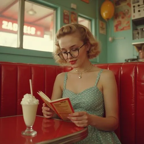 A teenage girl in a retro diner, sitting in a red vinyl booth with a milkshake in front of her. She’s wearing a polka-dot dress and cat-eye glasses, flipping through a menu while 1950s music plays in 