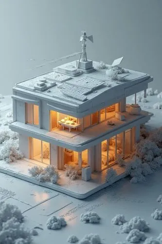 detailed architectural model of a legendary modern utilitarian Ultra-efficient solar-powered house. The model is rendered in a monochromatic, engineering style and is illuminated from within,


detail