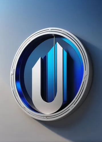Modern minimalist architecture logo design, abstract geometric shapes, bold lines, sleek metallic texture, 3D rendering, futuristic tone, vibrant blue and silver colors, circular composition, centered