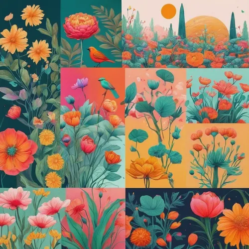 Create a cheerful moodboard with vibrant colors,flower painting,cartoon flowers,flower background,flower field,floral background,retro flowers,floral digital background,flower art,sea of flowers,meado