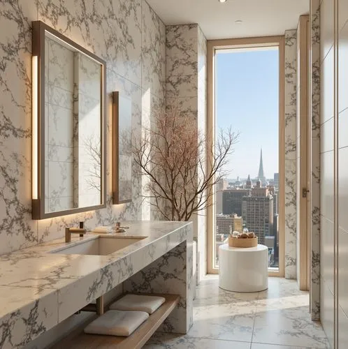 An ultra-modern bathroom with luxurious marble walls and flooring. A sleek double vanity with a large rectangular mirror is complemented by soft lighting. A tall glass window provides a panoramic view