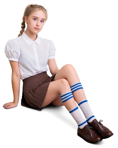 BPD girl, solo, (16yo), cute facial expression, blue eyes, blonde hair, ponytail, pale skin, delicate features, white blouse, short pleated skirt, striped socks, brown loafers, sitting on floor, legs 