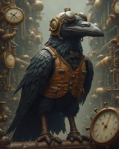 The background is filled with large various devices in the style of steampunk and a 19th century airship in steampunk. In the center of attention is a surreal large figure of a bird - a large black ra