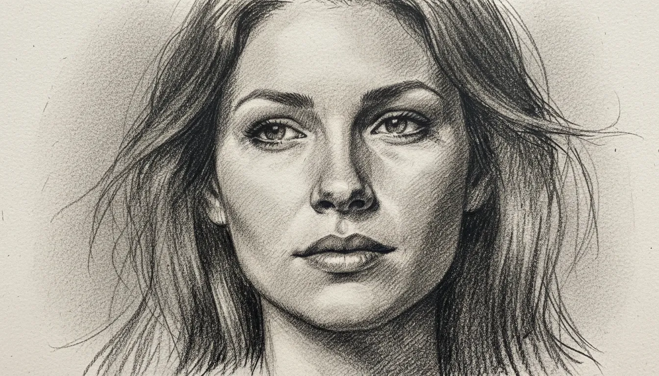 Uno Schizzo a Carboncino molto dettagliato generato dall'AI del volto di una donna, che mostra texture e ombreggiature realistiche.