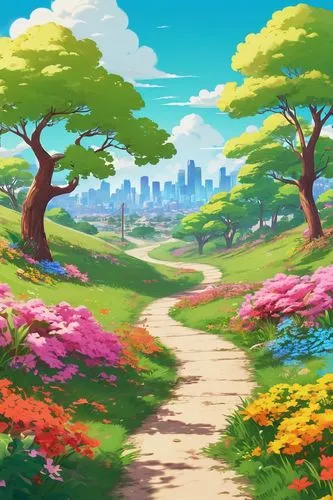 natural scenery, no buildings, sunny day, clear blue sky, fluffy white clouds, gentle breeze, green grass, colorful flowers, trees with vibrant leaves, winding path, serene atmosphere, warm lighting, 
