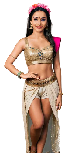 Indian dancer, traditional outfit, intricate bindi, dark hair adorned with flowers, exotic makeup, bare midriff, henna on hands, colorful lehenga, dupatta draped over shoulder, gold jewelry, anklet, n