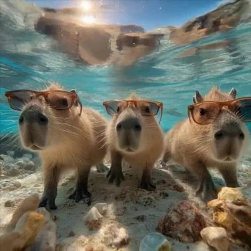 The three capybaras in the picture keep swimming fast in the direction of the camera, the camera pulls away as they get closer, the one in the middle swims faster, the other two follow the one in the 